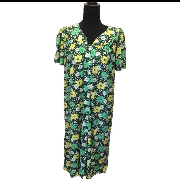 Elegant Emily Women's Green Floral Print Short Sleeve Button Down Duster Gown - Picture 2 of 11